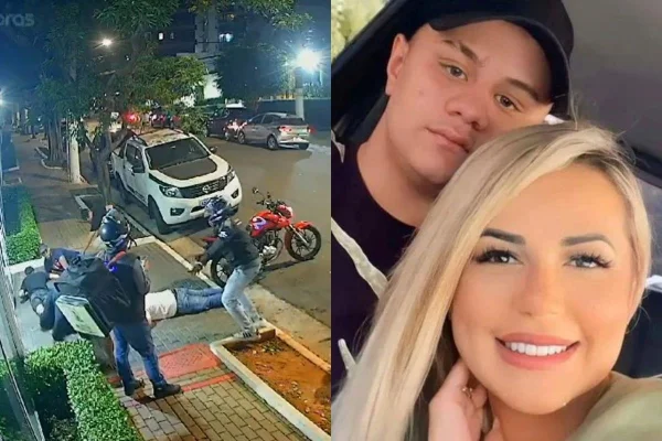 Imagem colorida de um assalto à esquerda e um casal de mãe e filho à direita