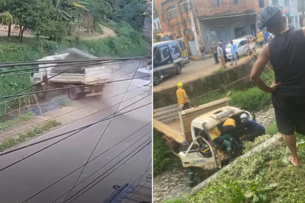 caminhão cai em córrego em Barão de Cocais MG