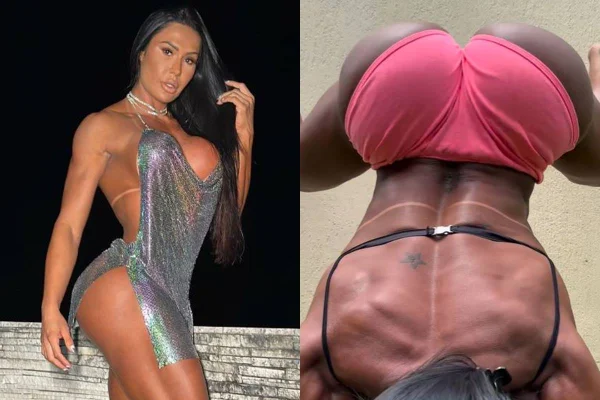 A influencer e fisiculturista Greycianne Barbosa aparece em montagem com foto de vestido de paetês posando (esquerda) e de ponta cabeça rebolando com short rosa (direita) - Metrópoles