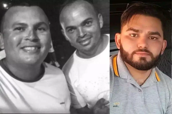 Imagem em preto e branco mostra Jirlanio Araújo de Freitas, 36, e o irmão Raimundo Izidro Neto, 32, (preto e branco) e Alex Rodrigues Monteiro, 31, (imagem colorida) mortos em acidente com carreta no litoral de SP - Metrópoles