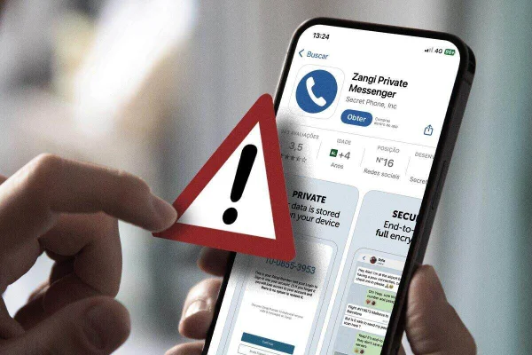 Arte gráfica com tela de smartphone da qual sai placa com sinal de exclamação - Metrópoles