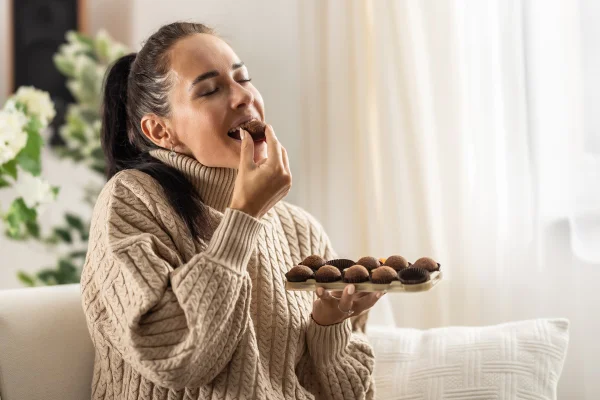 Mulher comendo chocolates - Metrópoles.