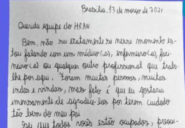 Jovem escreve carta após pai receber alta