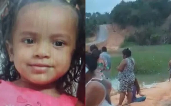 Foto de uma menina morena à esquerda e de pessoas em frente a um riacho à direita