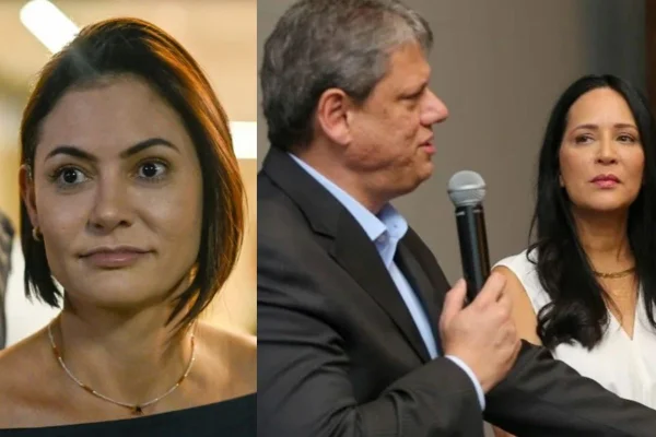 Montagem com fotos de Michelle Bolsonaro, e Tarcísio e Cristiane Freitas, primeira-dama do estado de São Paulo - Metrópoles