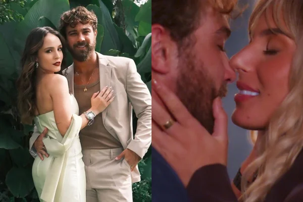 Montagem de imagens mosta Larissa Manoela e o marido André Luiz Frambach (à esquerda) e o ator e Ana Castela se beijando na novela (à direita) - Metrópoles