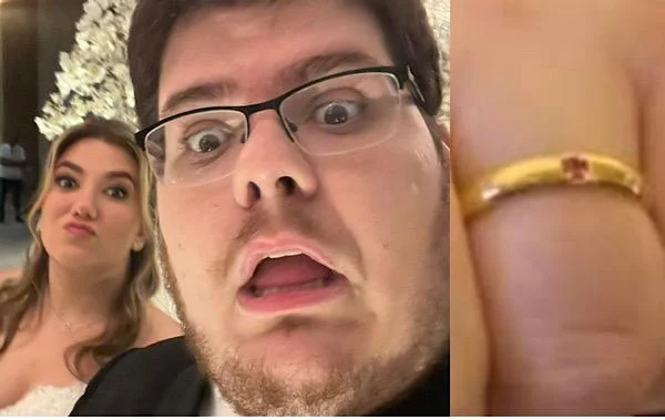 No casamento de Cazé, o escudo do Vascão nas alianças dos noivos