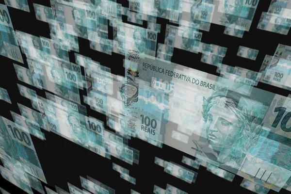 Imagem de notas de real, estilizadas e "ambaçadas", com um fundo preto, ilustrando o Real Digital - Metrópoles