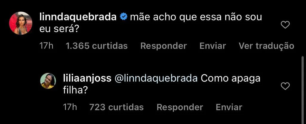 Nos comentários, Linn da Quebrada alertou a mãe e Lilia Anjos mostrou preocupação ao tentar apagar Nos comentários, Linn da Quebrada alertou a mãe e Lilia Anjos mostrou preocupação ao tentar apagar