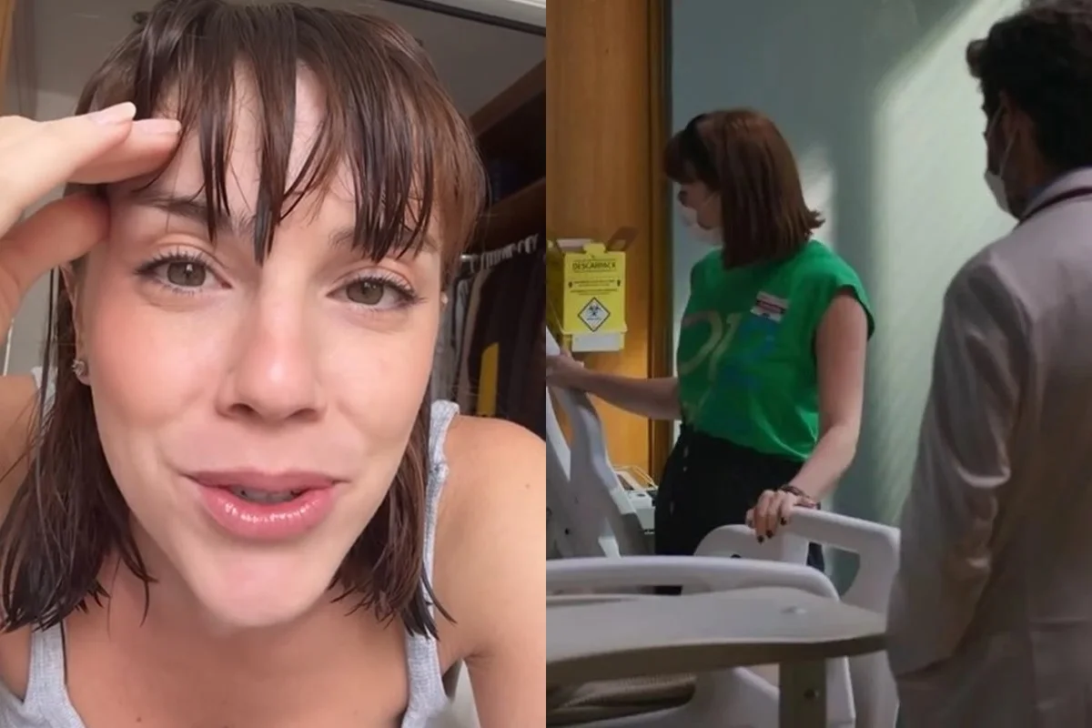 “Montagem da atriz Alice Wegmann. À esquerda, a atriz fala sobre a gafe com a personagem dela em Vale Tudo. À direita, aparece a cena da novela.”