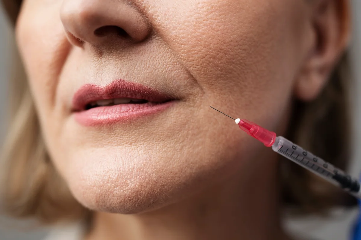 close up do rosto de uma mulher mais velha com uma seringa de injeção de ácido hialurônico. Metrópoles