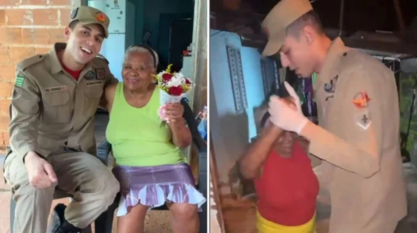 imagem colorida bombeiro dança forro com idosa para acalma-la