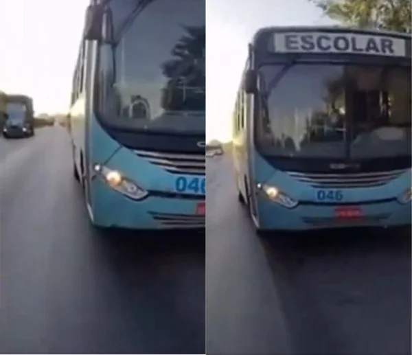 imagem colorida. Ônibus escolar anda de ré na contra mão em BR