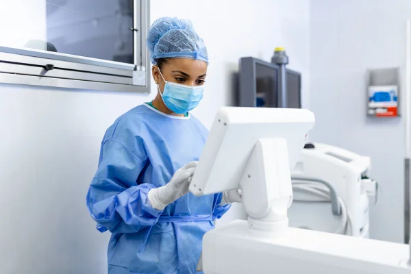 Cirurgiã com máscara cirúrgica na sala de cirurgia usando máquina de cirurgia- Metrópoles
