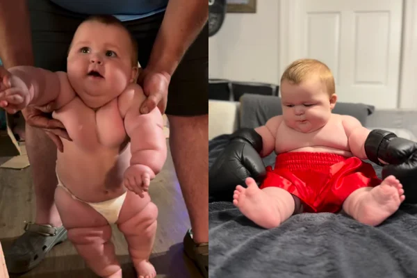 Com 15 kg aos 8 meses, bebê já veste roupas de crianças de 5 anos