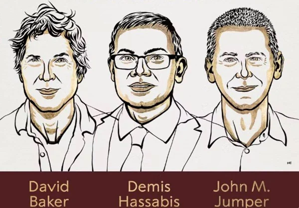Imagem colorida de Trio que ganhou Nobel de Química 2024