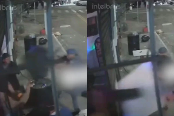 Agentes atendiam ocorrência de perturbação de sossego no Capão Redondo. Câmeras de segurança captaram os PMs atirando mesas e tambores - Metrópoles