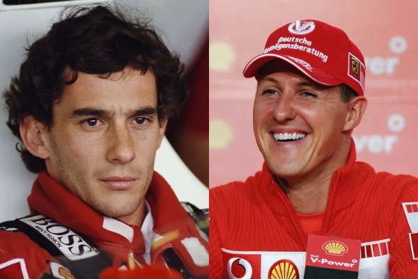 Foto colorida de montagem entre Ayrton Senna e Michael Shumacher - Metrrópoles