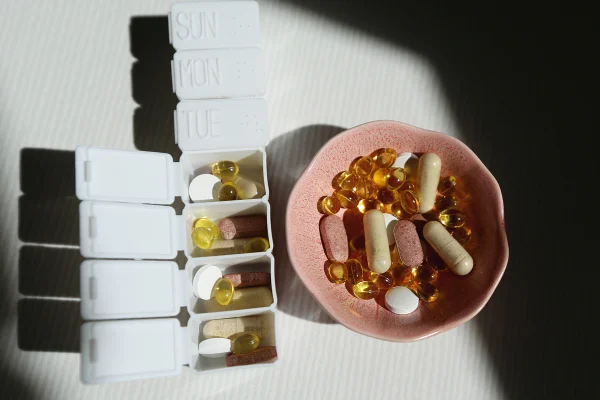caixa de comprimidos e recipiente cheios de comprimidos e cápsulas de suplementos - Metrópoles