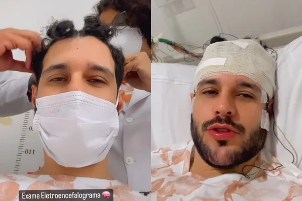 A montagem mostra Rodrigo Mussi com a cabeça enfaixada para fazer exames