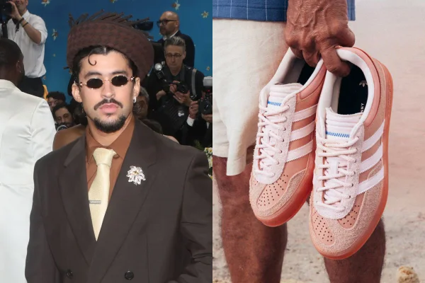 A imagem consiste em ma montagem com das fotos. À esquerda, o canto Bad Bunny no tapete do MET Gala; à direita, um tênis da Adidas em rosa - Metrópoels