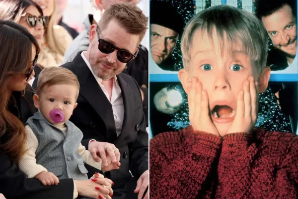 montagem colorida com fotos de Macaulay Culkin com o filho Carson em dezembro de 2023