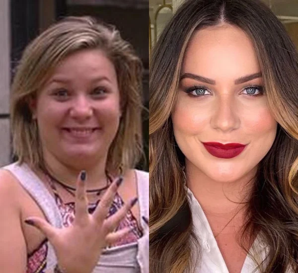 Cacau, do BBB16, aparece em um antes e depois na montagem fotográfica. Do lado esquerdo, Cacau usa roupa rosa e está com os cabelos curtos e loiros. Do lado direito, Cacau está com os longos cabelos loiros soltos e usa uma blusa na cor branca