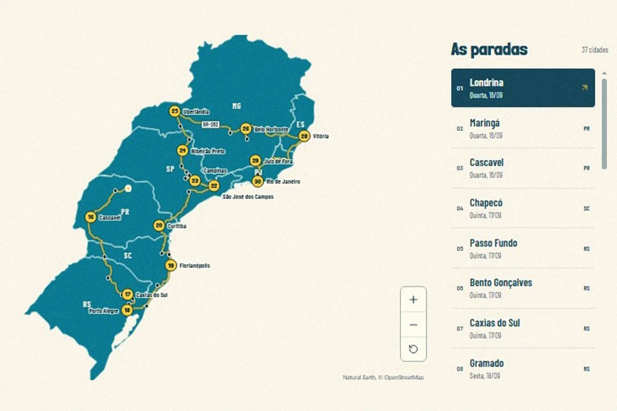 Mapa das cidades que Renan irá percorrer na caravana Mapa das cidades que Renan irá percorrer na caravana