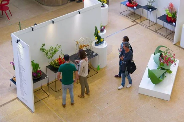 Foto colorida da exposição de arte floral Ikebana