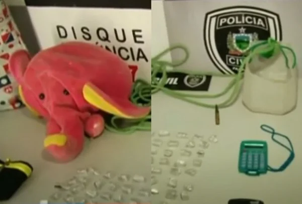 Imagem colorida: bicho de pelúcia e drogas são colocadas em mesa da polícia - Metrópoles