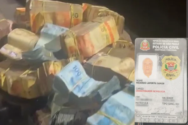 Reprodução colorida de maços de dinheiro. Destacada funcional de policial civil - Metrópoles