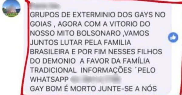 Mensagem no WhatsApp pede criação de grupo de extermínio de gays