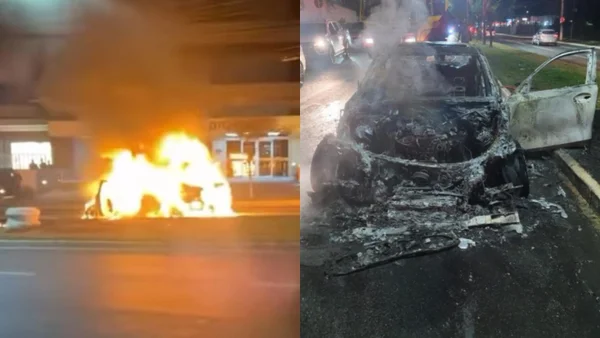 imagem colorida carro de luxo pega fogo rua goiania