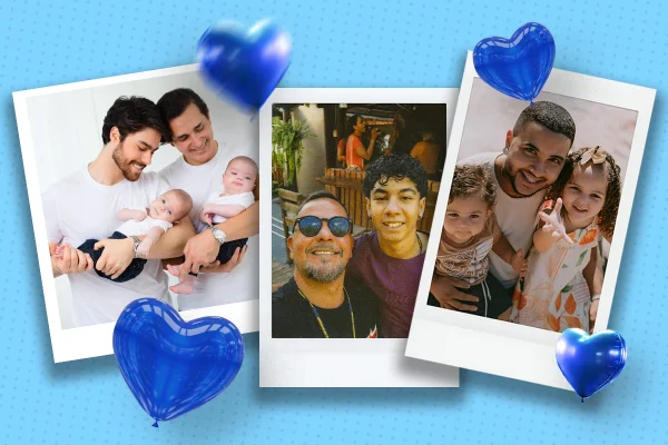 arte colorida com fotos de três famílias no Dia dos Pais