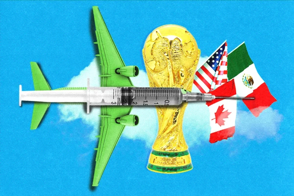 Avião indo para a copa do mundo 2026 e uma seringa de vacina- Metrópoles