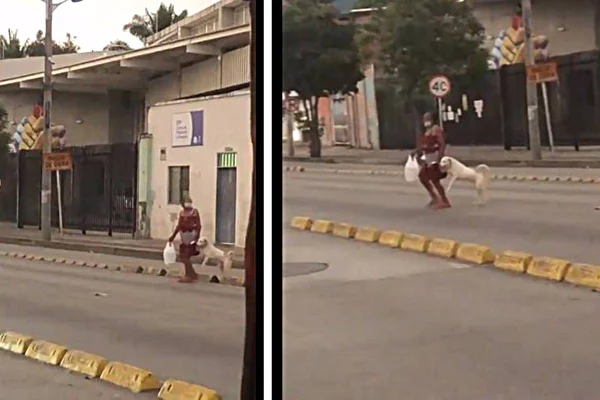Na imagem vemos duas fotos que mostram uma mulher atravessando a rua segurando uma pata de um cachorro