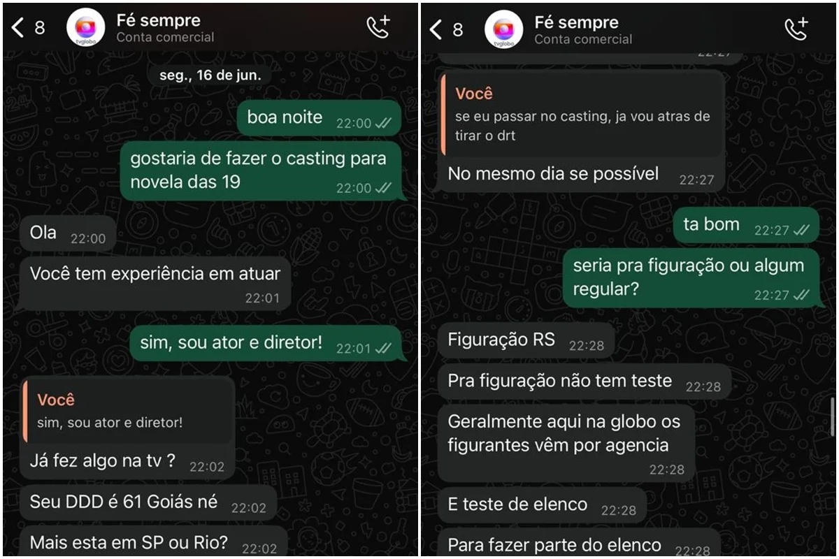 Prints da conversa entre o ator e o golpista Prints da conversa entre o ator e o golpista