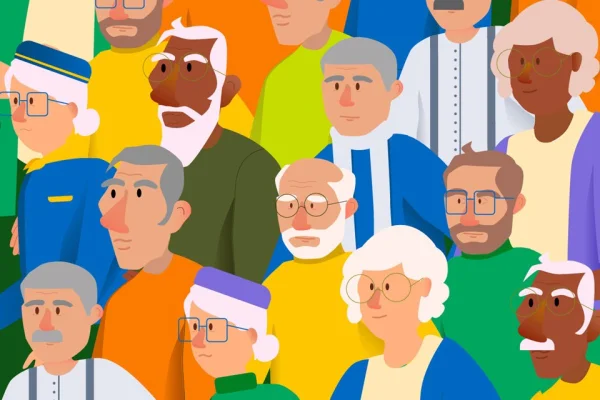 Ilustração colorida mostra senhoras e senhores para ilustração da matéria Por salário e fuga da solidão, 7 milhões de idosos trabalham em empresas de transporte no Brasil - Metrópoles