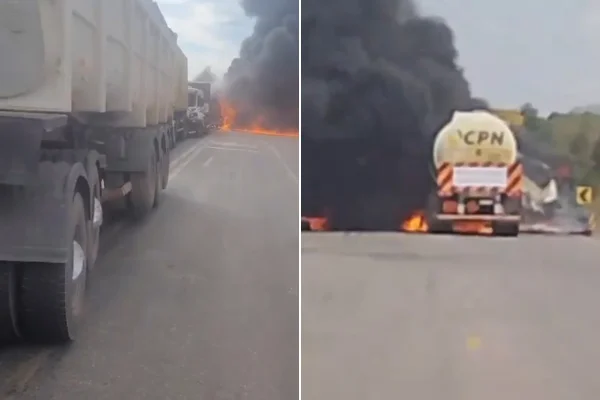 Imagem colorida mostra carreta pegando fogo após explosão que matou caminhoneira - Metrópoles