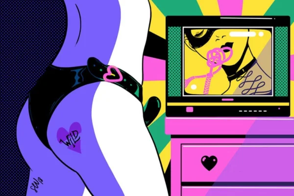 arte metropoles colorida com o corpo de uma mulher usando uma cinta peniana