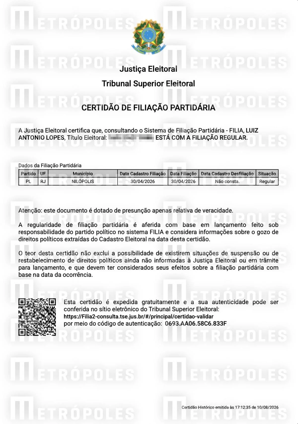 Certidão mostra que Luiz Antonio Lopes é filiado ao PL Certidão mostra que Luiz Antonio Lopes é filiado ao PL