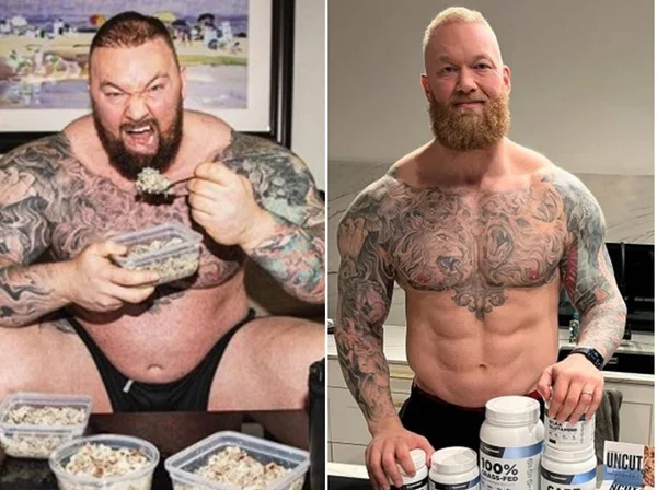Antes e depos de "Thor" Bjornsson para luta de boxe