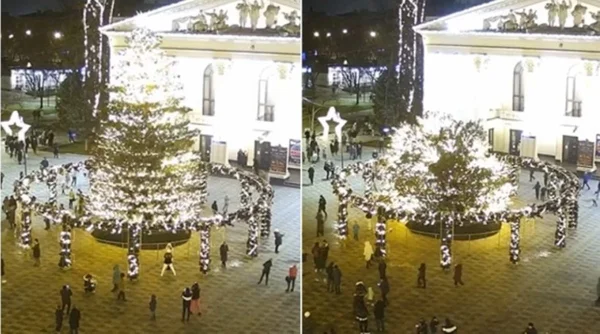 ‘E o vento levou’: Árvore de Natal gigante desaba e quase atinge visitantes