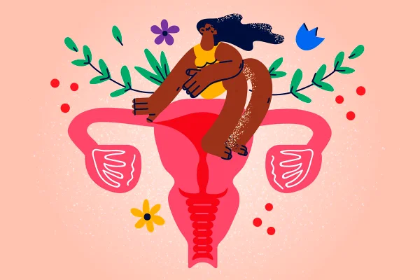 Ilustração colorida mostra mulher negra sentada em cima de um útero, com flores atrás - Metrópoles