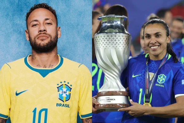 Montagem de imagens mostra Neymar (à esquerda) e Marta (à direita) segurando um troféu - Metrópoles