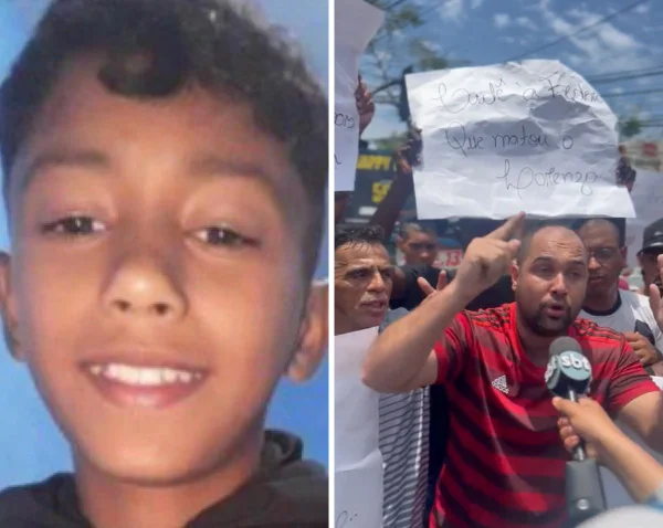 colagem de fotos coloridas. à esquerda, adolescente sorri na frente de fundo azul. à direita, pessoas protestam com cartazes