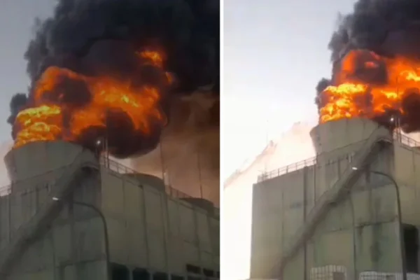 Imagem colorida de incêndio em uma fábrica