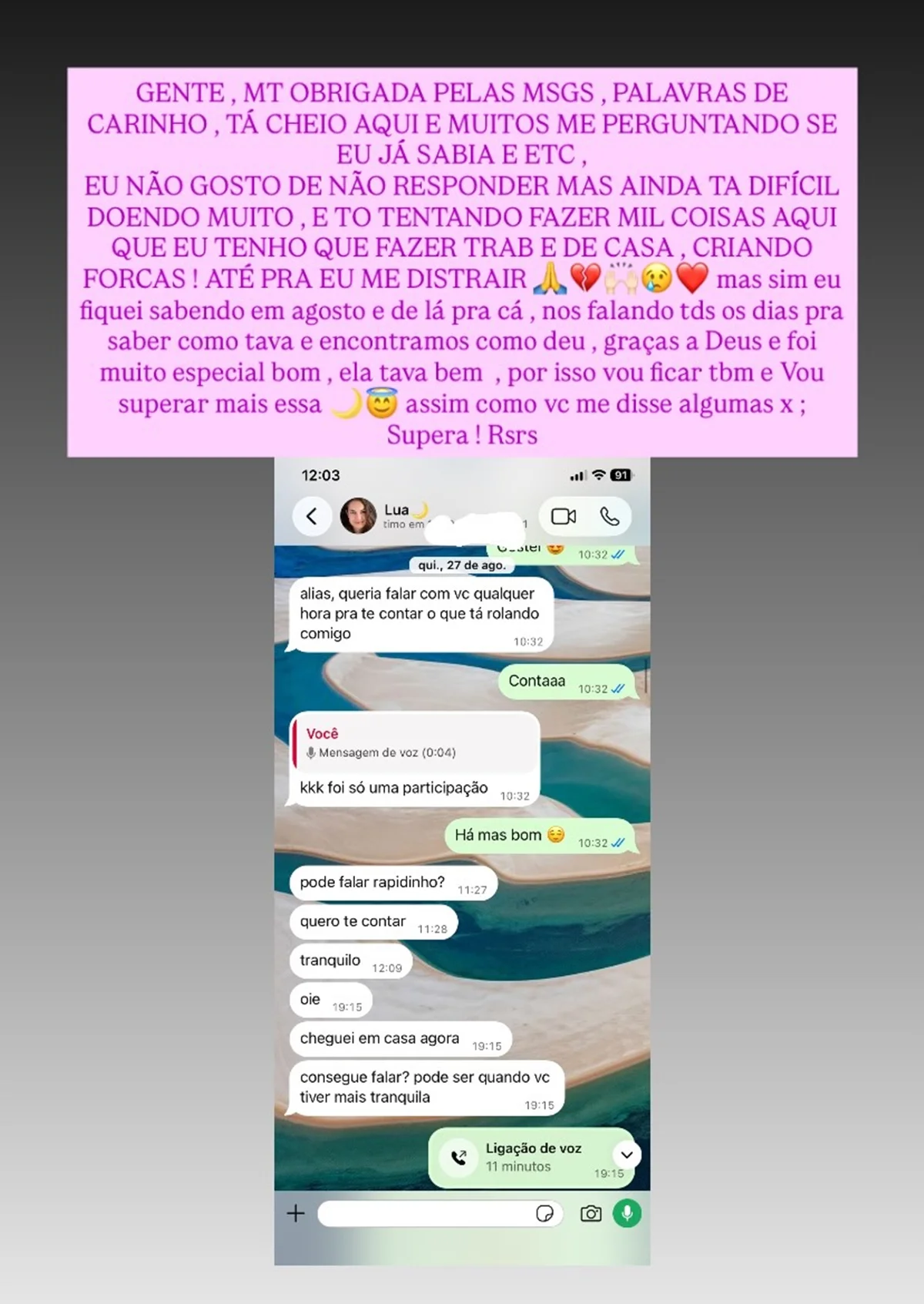 Amiga de Lua Blanco, Marcela Nunes emociona ao lembrar última conversa das duas: "Juntas" Amiga de Lua Blanco, Marcela Nunes emociona ao lembrar última conversa das duas: "Juntas"
