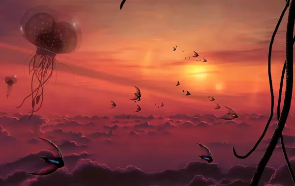 Ilustração de uma possível vida extraterrestre em outro planeta sob o pôr do sol - Metrópoles