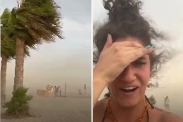 Montagem com fotos coloridas de palmeiras e banhistas durante explosão de calor em praias na Espanha - Metrópoles